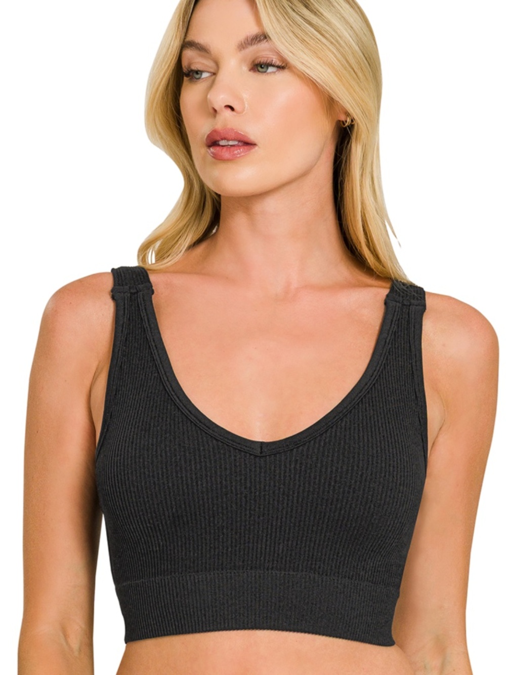 #1370 Seamless ribbed cropped bra padded v-neck tank top